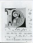 Anonimo italiano sec. XII , Iniziale D, Iniziale abitata, Santo, Motivi decorativi geometrici