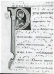 Anonimo italiano sec. XII , Iniziale P, Iniziale abitata, Santo, Motivi decorativi geometrici