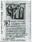 Anonimo italiano sec. XIII/XIV , Scena, Finte architetture, Figura maschile seduta, Figura maschile con cartiglio, Figure maschili, Iniziale N, Iniziale decorata, Motivi decorativi fitomorfi