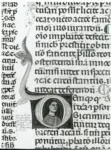 Anonimo italiano sec. XIII/XIV , Iniziale D, Iniziale abitata, Ritratto di uomo a mezzo busto, Motivi decorativi fitomorfi