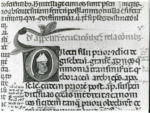 Anonimo italiano sec. XIII/XIV , Iniziale D, Iniziale abitata, Ritratto di vescovo, Motivi decorativi fitomorfi