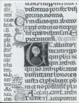 Anonimo italiano sec. XIII/XIV , Iniziale U, Iniziale abitata, Ritratto di uomo a mezzo busto, Motivi decorativi fitomorfi