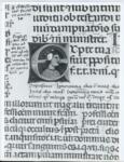 Anonimo italiano sec. XIII/XIV , Iniziale E, Iniziale abitata, Figura maschile di profilo a mezzo busto