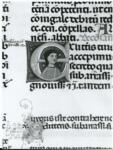 Anonimo italiano sec. XIII/XIV , Iniziale E, Iniziale abitata, Ritratto di uomo a mezzo busto