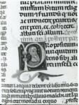 Anonimo italiano sec. XIII/XIV , Iniziale P, Iniziale abitata, Ritratto di uomo con la barba, Motivi decorativi fitomorfi