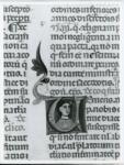Anonimo italiano sec. XIII/XIV , Iniziale V, Iniziale abitata, Ritratto di uomo a mezzo busto, Motivi decorativi fitomorfi
