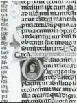 Anonimo italiano sec. XIII/XIV , Iniziale D, Iniziale abitata, Ritratto di uomo a mezzo busto, Motivi decorativi fitomorfi