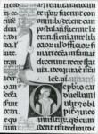 Anonimo italiano sec. XIII , Iniziale D, Iniziale abitata, Ritratto di giovane con cappello, Motivi decorativi vegetali e zoomorfi