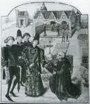 Hennecart Jean , Scena di dedica di un libro, Palazzo con giardino e figure