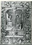 Fratelli Limbourg , Annunciazione, Fregio con motivi vegetali, Angeli musicanti, Figura maschile con cartiglio, Stemmi araldici
