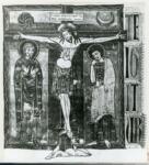 Anonimo francese , Crocifissione di Cristo con la Madonna e san Giovanni Evangelista, Sole, Luna, Motivi decorativi geometrici