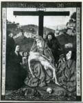 Eyck Jan van , Pietà, Paesaggio con architetture, Cornice architettonica con motivi decorativi e figure