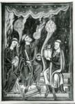 Anonimo , Psautier de saint Louis et de Blanche de Castille (Bibliothèque de l'Arsenal)/ Un astronome élevant l'astrolabe, entre un clerc écrivant et un computiste