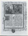 Anonimo francese sec. XV , Scena di dedica di un libro, Cornice con motivi decorativi fitomorfi, Stemma araldico, Iniziale A, Iniziale decorata