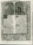 Anonimo francese sec. XV , Interno di palazzo con figure, Cornice con motivi decorativi fitomorfi, Iniziale M, Iniziale decorata