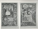 Anonimo francese sec. XV , Presentazione di Gesù al Tempio, Incontro dei tre vivi e dei tre morti, Cornice con motivi decorativi fitomorfi