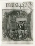 Giovanni Pietro da Birago , Predicazione di Sant'Antonino, Iniziale istoriata, Motivi decorativi fitomorfi, Protome umana