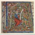 Anonimo sec. XIV , Iniziale A, Iniziale abitata, Motivi decorativi vegetali e animali