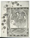 Anonimo sec. XIV , Iniziale U, Iniziale istoriata, Morte della Vergine, Motivi decorativi fitomorfi, Cornice con motivi decorativi geometrici