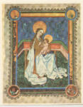 Anonimo sec. XV , Madonna con Bambino e due angeli musicanti, Simboli dei quattro evangelisti, Cornice con motivi decorativi fitomorfi