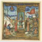 Anonimo sec. XV/ XVI , Scena, Accampamento di soldati, Eucaristia