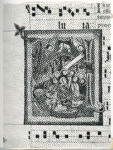 Anonimo sec. XIII/ XIV , Iniziale V, Iniziale istoriata, Apostoli che assistono all'Ascensione, Motivi decorativi fitomorfi