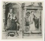 Anonimo sec. XV , Ritratto di gentildonna in preghiera, Maria Vergine, Santo Stefano, Finte architetture e stemma