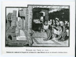 Anonimo sec. XV , Scena di banchetto, Pavone, Finte architetture