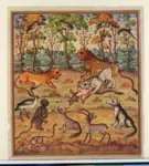 Anonimo , Scena di favola, Animali, Leone, Volpe, Lupo