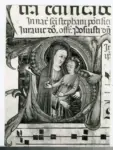Anonimo toscano sec. XIV/ XV , Iniziale S, Iniziale abitata, Madonna con Bambino che gioca con un uccellino, Motivi decorativi fitomorfi, Notazione musicale