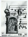 Anonimo sec. XIV , Iniziale L, Iniziale abitata, Sante vergini, Motivi decorativi fitomorfi, Notazione musicale