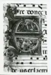Battista di Biagio Sanguigni , Iniziale E, Iniziale istoriata, Strage degli innocenti, Motivi decorativi fitomorfi, Notazione musicale, Testa maschile