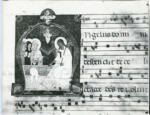 Anonimo sec. XIV , Iniziale A, Iniziale istoriata, Angelo annuncia la Resurrezione alle pie donne, Motivi decorativi fitomorfi, Notazione musicale
