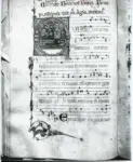 Anonimo sec. XIV , Iniziale G, Iniziale istoriata, Morte della Vergine, Assunzione della Madonna, Motivi decorativi fitomorfi, Motivo decorativo antropomorfo , Notazione musicale