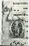 Anonimo sec. XIII , Iniziale D, Iniziale abitata, Santo, Motivi decorativi fitomorfi, Motivo decorativo antropomorfo , Notazione musicale