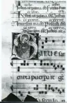 Anonimo sec. XIII , Iniziale S, Iniziale abitata, Santo, Motivi decorativi fitomorfi, Notazione musicale