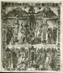 Anonimo bizantino sec. VI , Crocifissione di Cristo, Angelo annuncia la Resurrezione alle pie donne, Cornice con motivi decorativi geometrici