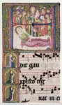 Anonimo sec. XIV , Iniziale H, Iniziale istoriata, Dormitio Virginis, Motivi decorativi fitomorfi, Notazione musicale