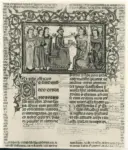 Anonimo sec. XIII , Scena di udienza, Vescovo, Cornice con motivi decorativi fitomorfi