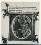 Anonimo sec. XIII , Scena di dedica di un libro, Iniziale abitata, Motivi decorativi fitomorfi