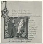 Anonimo sec. XIV , Iniziale abitata, Due figure maschili, Figura di contadino, Motivi decorativi fitomorfi