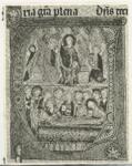 Anonimo sec. XIII , Iniziale V, Iniziale istoriata, Incoronazione di Maria Vergine, Sepoltura della Madonna, Motivi decorativi geometrici e vegetali