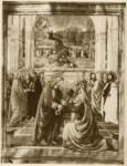 Monte di Giovanni del Fora ; Gherardo di Giovanni , Cristo consegna le chiavi a san Pietro, Cornice architettonica, Quattro evangelisti, Iniziale L