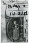 Anonimo sec. XIII , Iniziale V, Iniziale abitata, Santo, Motivi decorativi fitomorfi, Notazione musicale