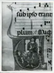 Anonimo sec. XIII , Iniziale V, Iniziale istoriata, Cristo Pantocratore, Santo, Motivi decorativi fitomorfi, Motivo decorativo zoomorfo, Notazione musicale