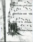 Anonimo sec. XIV , Iniziale D, Iniziale abitata, San Donato, Motivi decorativi fitomorfi, Notazione musicale