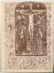 Peronet Lamy , Crocifissione di Cristo con i dolenti, Sole, Luna, Cornice con motivi decorativi fitomorfi e animali