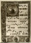 Evangelista da Reggio , Iniziale D, Iniziale abitata, David orante, Cornice con motivi decorativi fitomorfi e animali, Notazione musicale