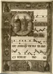 Anonimo sec. XV , Iniziale S, Iniziale abitata, San Pietro e san Paolo, Cornice con motivi decorativi fitomorfi e animali, Notazione musicale