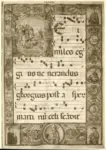 Anonimo sec. XV , Iniziale D, Iniziale istoriata, San Pietro e san Paolo, Cornice con motivi decorativi fitomorfi e animali, Notazione musicale